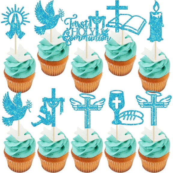 10Pcs Blue Glitter First Holy Communion Cupcake Toppers, Religious Symbols Picks for Baptism Party Cake Decorations
