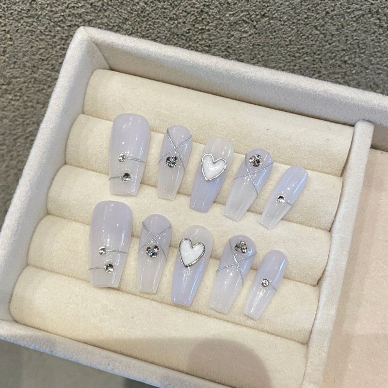 10Pcs Blue Handmade Press On Nails Reuse French Coffin Full Cover