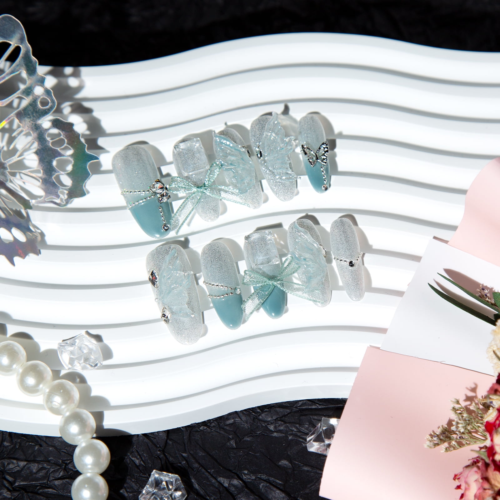 10Pcs Blue Handmade acrylic Nails Set Press on Professional Full Cover