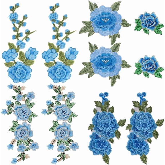 10Pcs Blue Rose Embroidered Patches Floral Sew on Patches Embroidery Flower Appliques Repair Patch for DIY Clothing Shirts Jeans Hats Blouses Pants Skirts