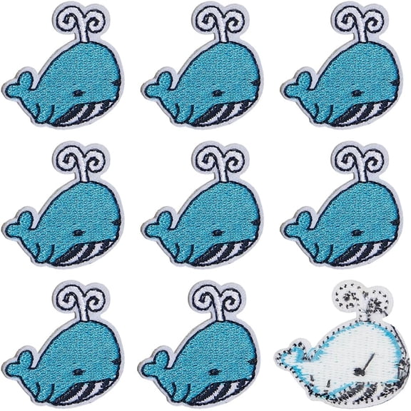 10Pcs Blue Whale Embroidered Patches Ocean Animal Embroidery Patch Iron on Sea Animals Repair Appliques Polyester Bulk