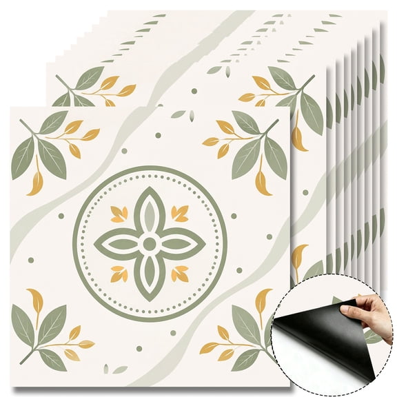 10Pcs Boho Floral Peel and Stick Floor Tiles, 12x12 Covers 10 Sq. Ft. Self-Adhesive DIY Vinyl Flooring, Removable Waterproof Tile Sticker for Bathroom, Kitchen, Bedroom, Home Decor