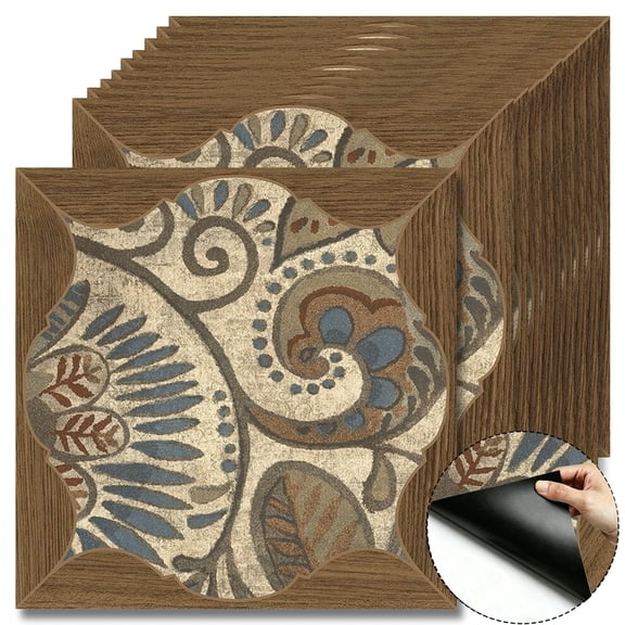 10Pcs Boho Rustic Peel and Stick Floor Tiles, 12x12 Covers 10 Sq. Ft. Self-Adhesive DIY Vinyl Flooring, Removable Waterproof Peel and Stick Tile for Bathroom, Kitchen, Wall, Bedroom & Home Decor