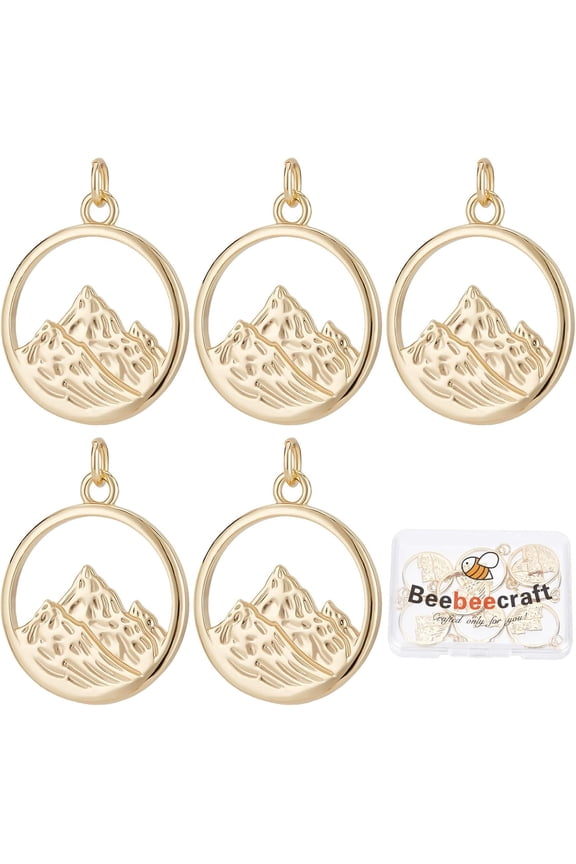 10Pcs/Box Mountain Charms 18K Gold Plated Brass Flat Round with Alps Mountain Dangle Pendants with Jump Ring for Jewelry Making Necklace Bracelet DIY Crafts colorful