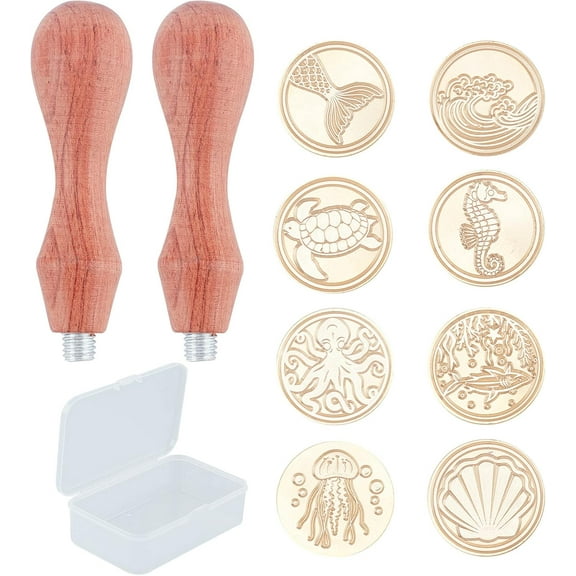 10Pcs/Box Ocean Sea Animal Wax Seal Stamp Kit Whale Seahorse Turtle Shell 25mm Brass Sealing Stamps Removable Heads 2Pcs Wood Handles for DIY Scrapbooking Invitation Gift WrapWine Envelopes BurlyWood