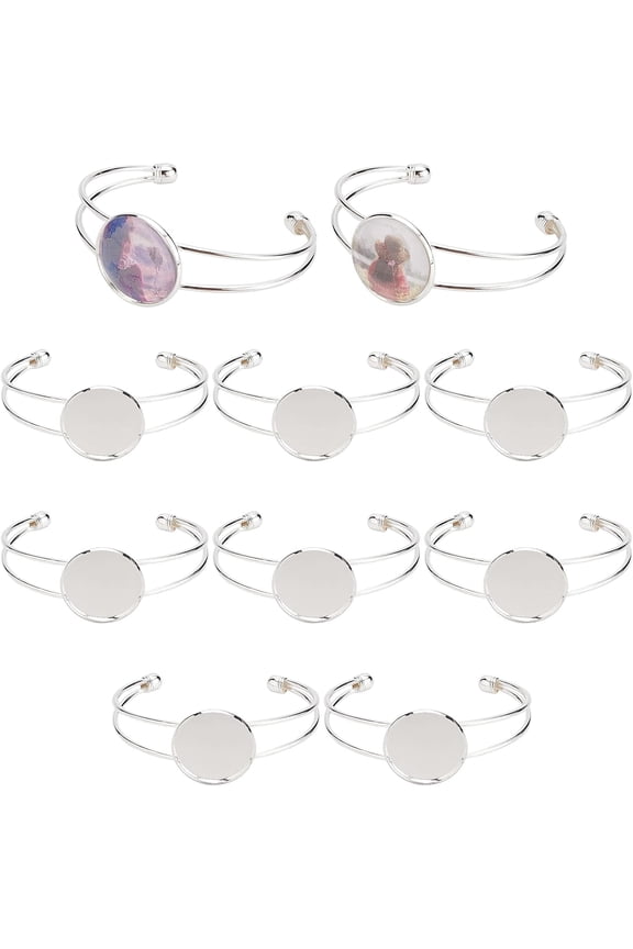 10Pcs Brass Cuff Bangle Making Blank Bangle Base with Flat Round Tray Silver Inner Diameter: 2-1/2 inch(6.4cm) Tray: 25mm for DIY