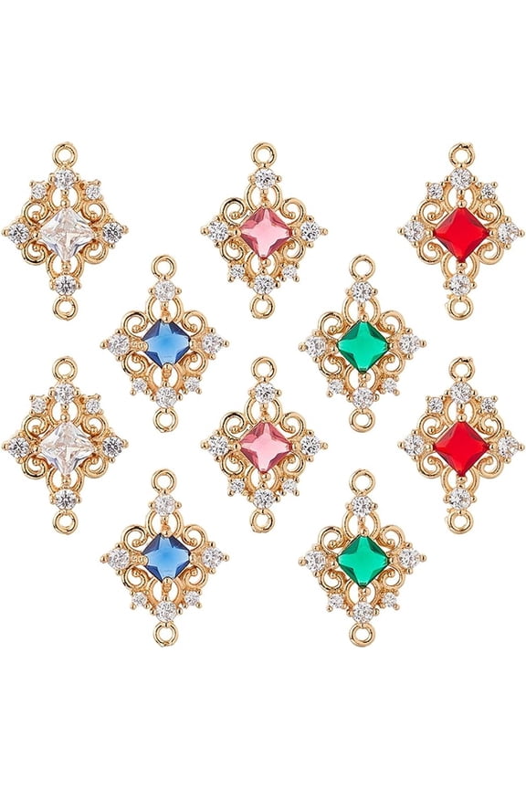 10Pcs Brass Hollow Rhombus Connector Charms Pave Clear Cubic Zirconia Glass Links Charm with 2 Loop Court style Retro Space Pendant