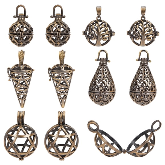 10Pcs Brass Locket Charms Cage Pendants Chime Ball Pendant Bulk Tree of Life Stone Holder Necklace Cage Locket Charms for DIY