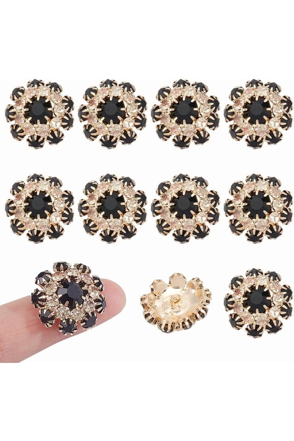 10Pcs Brass Rhinestone Buttons Sleeve Flower Detachable Shirt Clips Buttons Jewelry for Dress Suit Tux Shirt Accessories Jet DIY