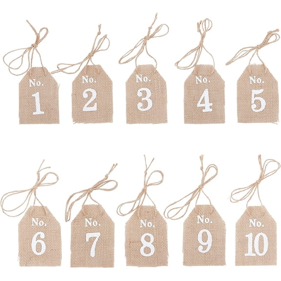 10Pcs Burlap Table Number Tags Wedding 1-10 Table Numbers Signs Wine Hanging Card for Wedding Valentines Day Party Gift Brown