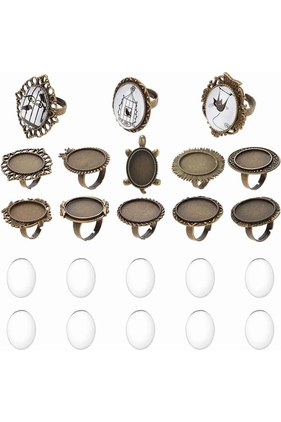 10Pcs Cabochon Ring Setting Adjustable Ring Blank Glass Cabochon Rings Owl Rhombus Oval Ring Blank Bezel Clear Glass Cabochons Finger Ring Blanks for Jewelry Making Kits DIY Gift Supplies