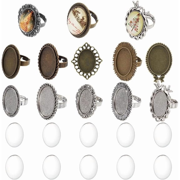 10Pcs Cabochon Settings Rings Oval Cabochon Rings Cabochon Ring Base Vintage Clear Glass Cabochons Adjustable Ring Base Settings Blank Cabochon Rings for Jewelry Making Kits DIY Supplies DIY