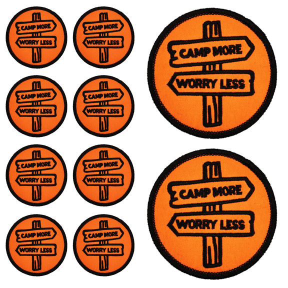 10Pcs Camp More Worry Less Camping Sign Embroidered Patch with Hook and Loop Backing, Orange Round Outdoor Quote Applique Badge for Vests, Jackets, Backpacks, and Clothing