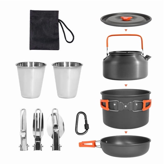 10Pcs Camping Cookware Mess Kit, Lightweight Camping Kitchen Pots and Pans Set, Portable Camping Essentials for Backpacking, Camping Cooking Hiking and Picnic