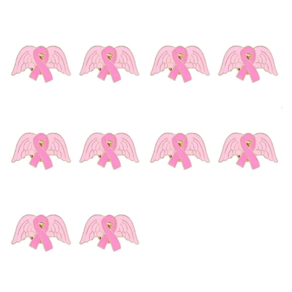 10Pcs Cancer Awareness Brooch Pink Alloy Ribbon Pin Wing Shape Brooches Lapel Pin with Back Clasp For Clothing Dress Bag