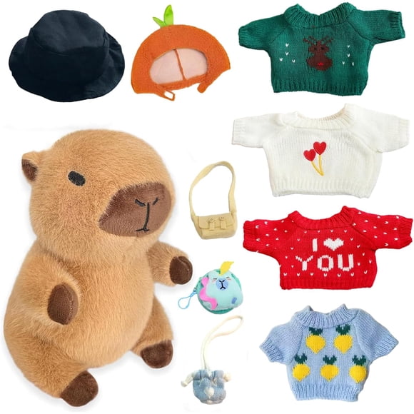 10Pcs Capybara Plush Toy Capybara Plush with 9 Clothes and Accessories Super Soft Capybara Stuffed Animal for Kids Girls Boys 10.2inch