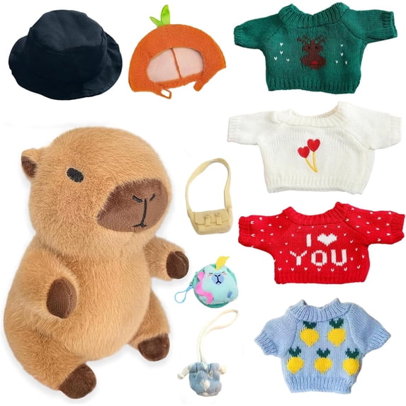 10Pcs Capybara Plush Toy Capybara Plush with 9 Clothes and Accessories Super Soft Capybara Stuffed Animal for Kids Girls Boys 10.2inch