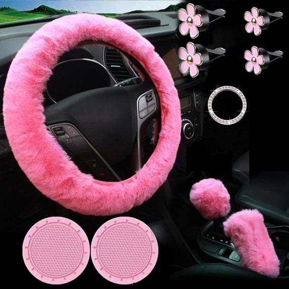10Pcs Car Interior Decoration Furry Steering Wheel Cover Set For Women With Cup Holders Decorations Car Accessories