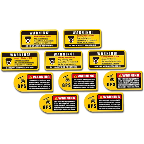 10Pcs Car Warning Stickers, 5 Sentry Mode Video Recording & 5 GPS Tracking Warning Decals, Waterproof Anti-Scratch Security Alert Signs for Vehicle Windows (5+5)