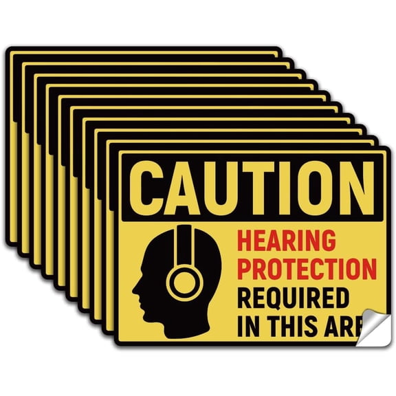 10Pcs Caution Hearing Protection Required In This Area Sticker PVC Yellow Waterproof Self Adhesive Safety Sign Hearing Protection Decal for Industrial Construction Workplace Area 7.1x5.1 Inch