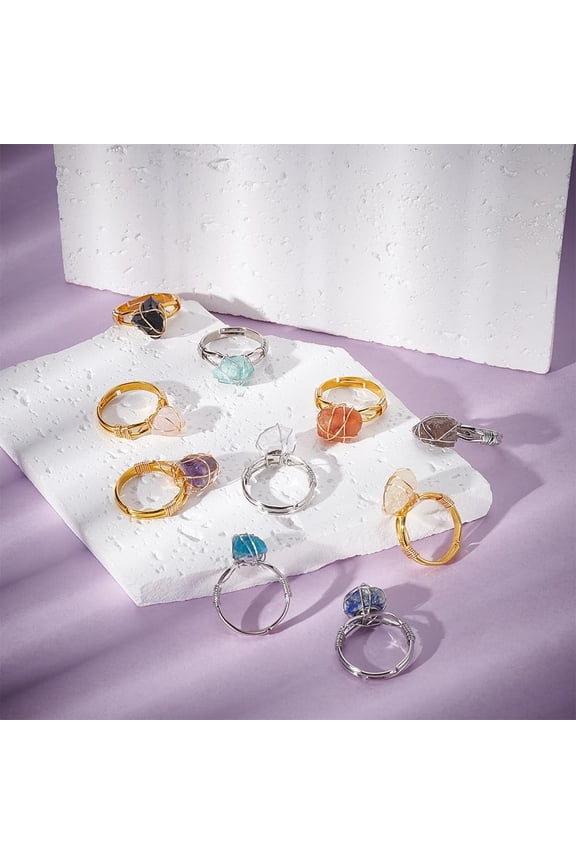 10Pcs Chakra Rings Adjustable Gemstone Rings Copper Wire Wrapped Ring Irregular Adjustable Ring for Women Jewelry (Platinum and Gold)