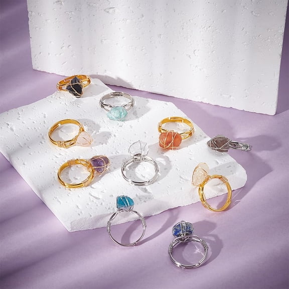 10Pcs Chakra Rings Adjustable Gemstone Rings Copper Wire Wrapped Ring Irregular Adjustable Ring for Women Jewelry (Platinum and Gold)