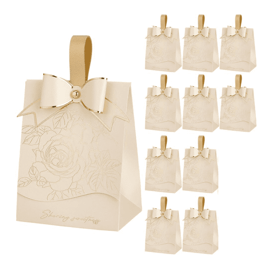 10Pcs Champagne Rose Wedding Favor Boxes with Handle Elegant Floral Gift Candy Treat Boxes for Bridal Shower, Party, Anniversary, Gift Packaging for Chocolates Cookies