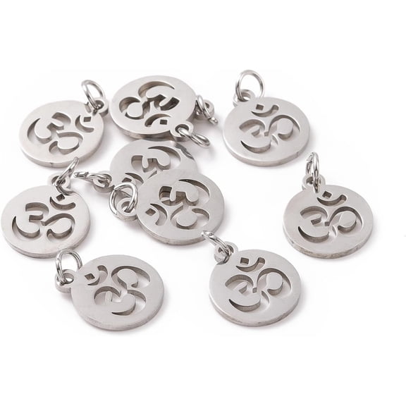 10Pcs Charms 14x12x1mm 304 Stainless Steel Flat Round With Aum/Ohm Charms with Jump Ring and 3mm Hole Stainless Steel Color for Jewelry Making and Craft Projects