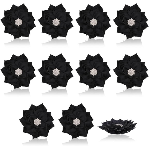 10Pcs Chiffon Flowers Rhinestone Black Fabric Flowers