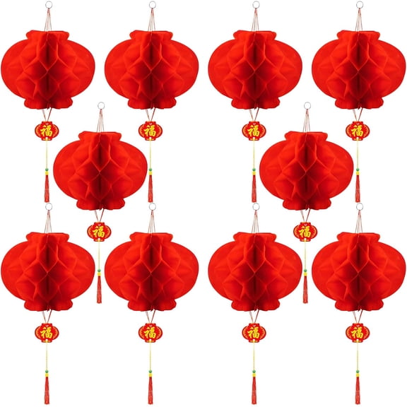 10Pcs Chinese Lanterns - Round Hanging Chinese New Year Lantern Lunar New Year Decorations 2026 - Red Chineses Lanterns for Lunar News Years, Wedding, Celebration, Lantern Festival Festive Decoration