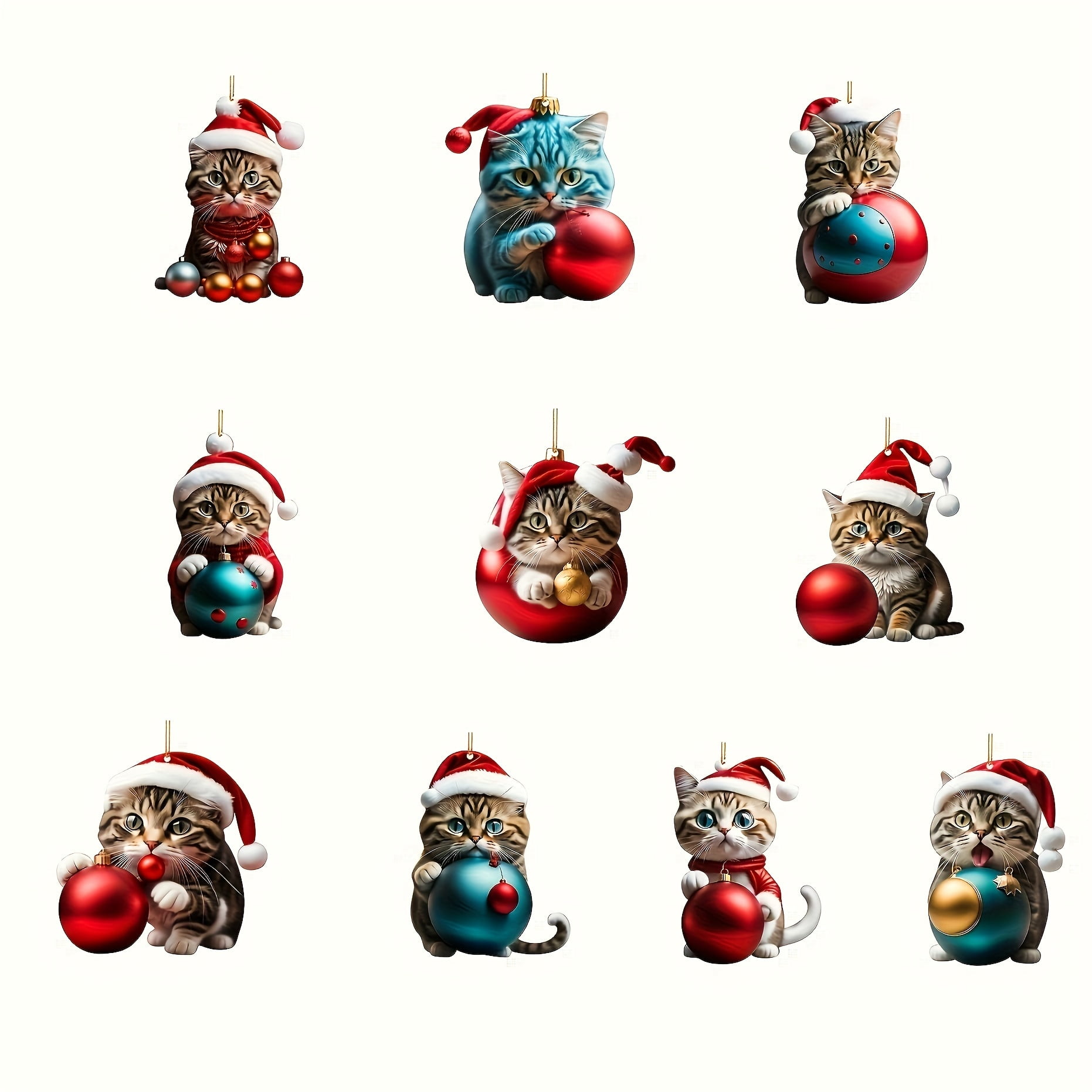10Pcs Christmas Cat Acrylic Ornaments Set Hanging Decorations for Christmas Tree, Car Rearview
