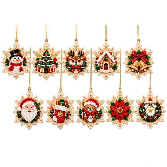 10Pcs Christmas DIY Diamond Painting Pendant Kit 2D Flat Gem Art Craft Hanging Loop Set for Christmas Tree Branch and Family Gathering Setup