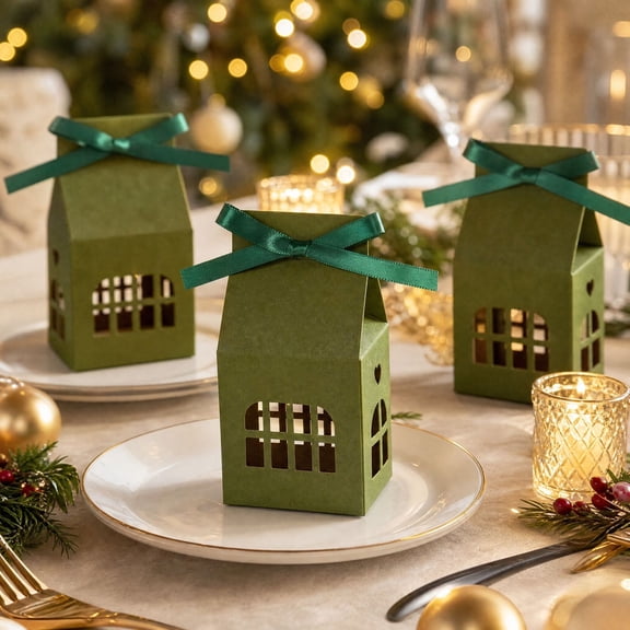 10Pcs Christmas Gift Boxes, Gingerbread House Favor Boxes with Ribbon Bow, Candy Treat Boxes for Holiday Party & Gift Packaging
