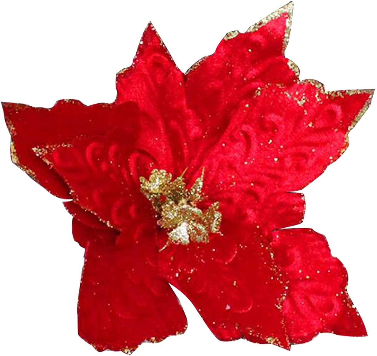10Pcs Christmas Glitter Poinsettia Flower Picks, Artificial Red