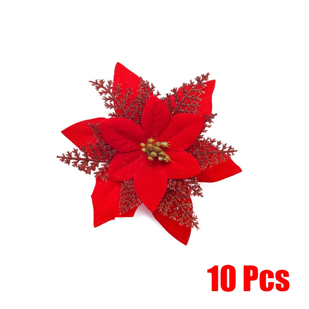 10Pcs Christmas Large Glitter Poinsettia Artificial Flower Ornaments