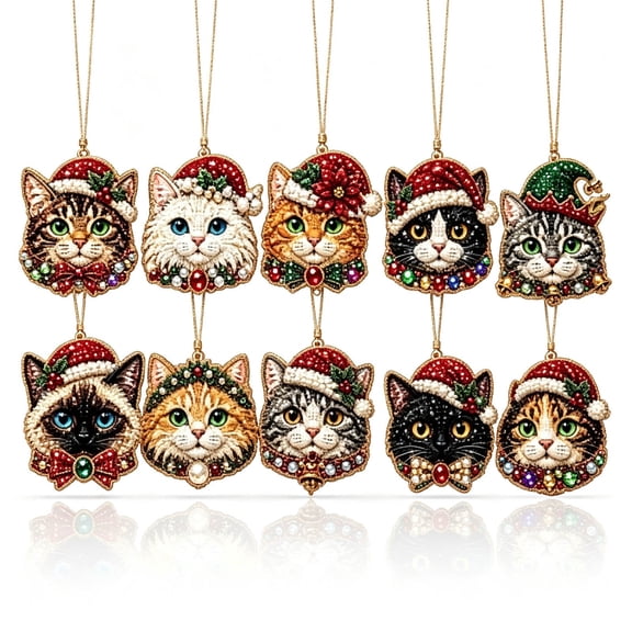 10Pcs Christmas Ornaments DIY Pearl Diamond Art Kits for Adults, Christmas Cat Diamond Art kits for Adults with Glossy Pearls & Hemp Rope, Diamond Art Christmas Ornaments for Holiday Decor