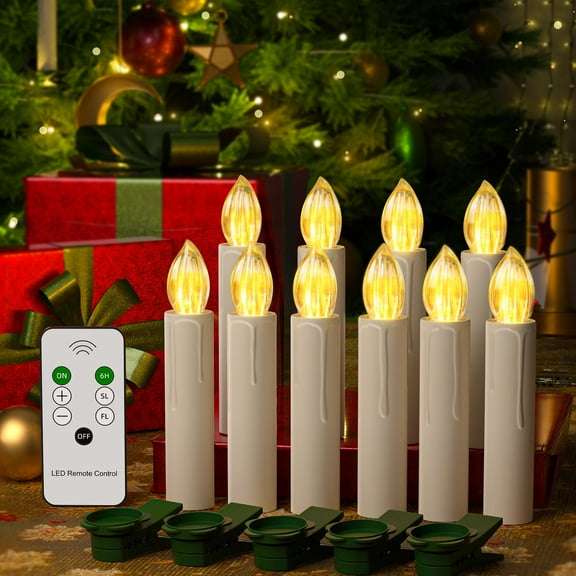 10Pcs Christmas Window Candles, Flameless Candle Lights with Clips, Battery Operated Christmas Tree LED Candle Lights with Remote Timer, Warm White Candle Lights for Indoor Outdoor Halloween Decor