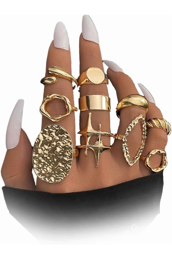 10Pcs Chunky Stacked Open Knuckle Rings Set for Women,Vintage Geometric Hollow Statement Midi Finger Rings,Trendy Party Banquet Jewelry Accessories Gift