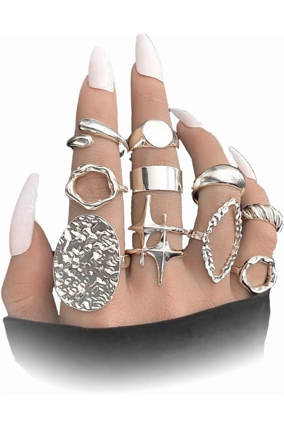 10Pcs Chunky Stacked Open Knuckle Rings Set for Women,Vintage Geometric Hollow Statement Midi Finger Rings,Trendy Party Banquet Jewelry Accessories Gift