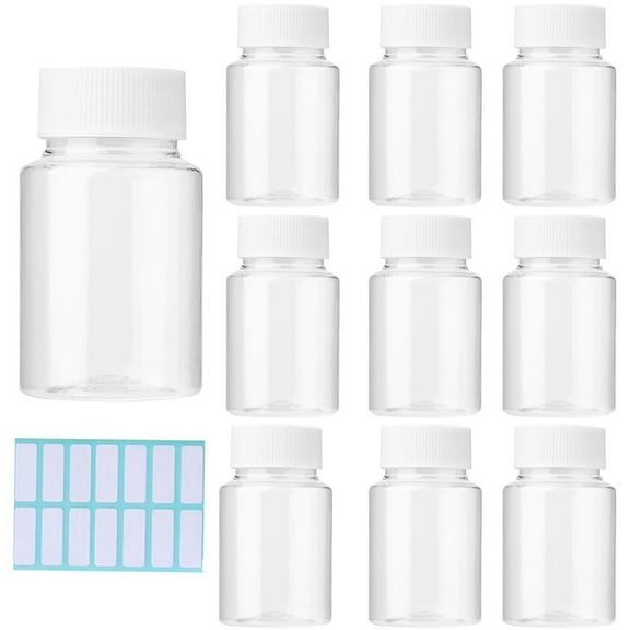 10Pcs Clear Pill Bottle Plastic Medicine Bottle Empty Reagent Bottle Chemical Containers with Caps for Liquid Solid Powder Medicine 60ML With Sticker
