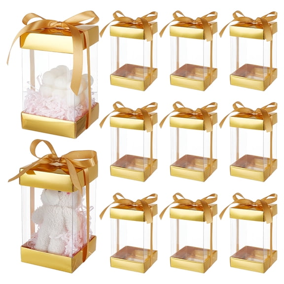 10Pcs Clear Plastic Gift Box with Gold Paper Lid Rectangle Gift Packaging Boxes with Polyester Ribbon