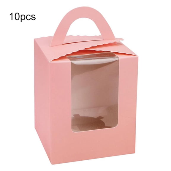 10Pcs Clear Window Single Cupcake Boxes Muffins Pastries Containers with Handle Pink Paper
