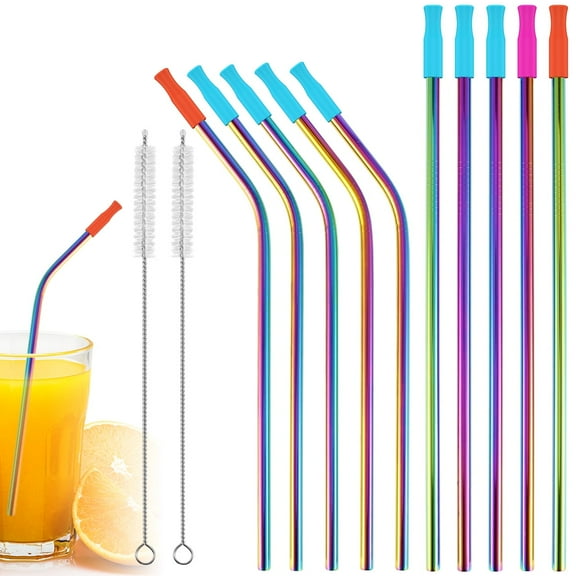 10Pcs Colorful Stainless Steel Reusable Drinking Straws 5Curved/5Straight, with 10Tips/2Brush/1Bag