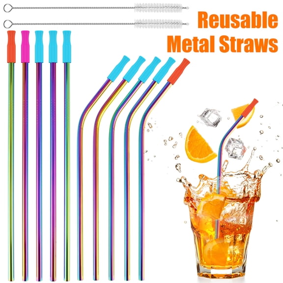 10 Pcs Reusable Straws Colorful Stainless Steel Straws 5Curved 5Straight with 10 Silicone Tips 2Brush 1Bag for 16/20oz Tumblers