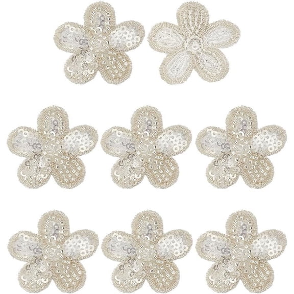 10Pcs Computerized Embroidery Cloth Iron on/Sew on Patches Appliques with Rhinestone and Seed Beads Flower Clear 42x38x3mm