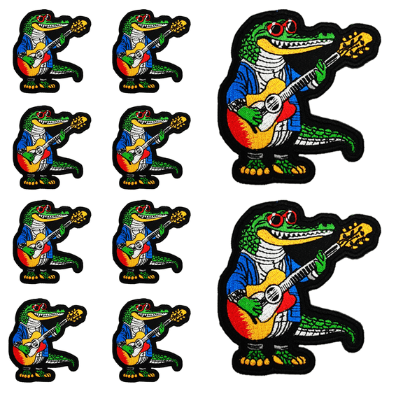 10Pcs Cool Guitar-Playing Crocodile Embroidered Patch with Hook and Loop Backing, Retro Rock Music Animal Applique Badge for Vests, Jackets, Backpacks, and Clothing
