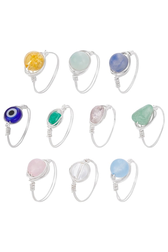 10Pcs Copper Wire Wrapped Natural & Gemstone Finger Rings Inner Diameter: 17mm