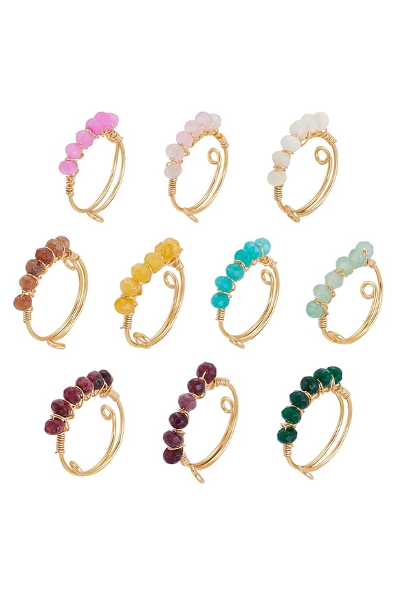 10Pcs Copper Wire Wrapped Natural Green Aventurine & White Jade & Quartz Finger Rings Inner Diameter: 19mm