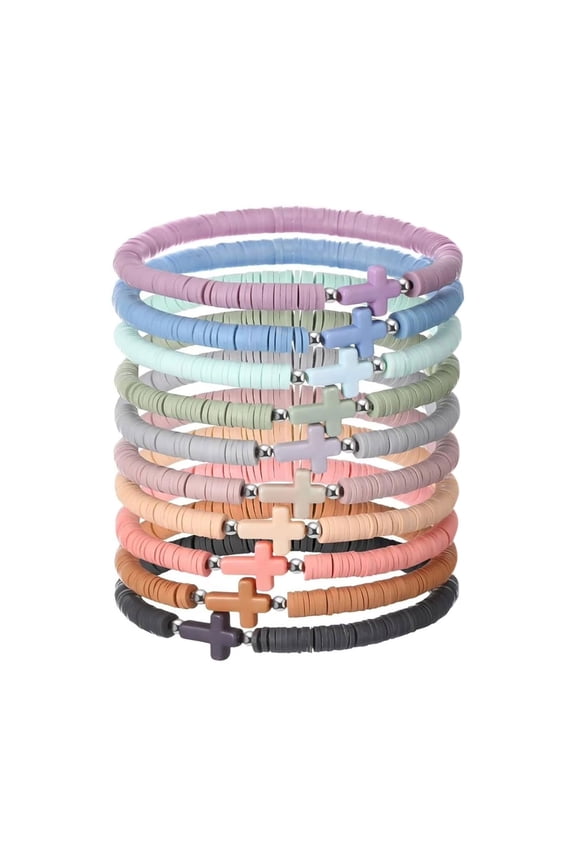 10Pcs Cross Bracelets Bulk, Colorful Elastic Handmade Bracelets, Beads Religious Bracelets, Christian Bracelets for Women