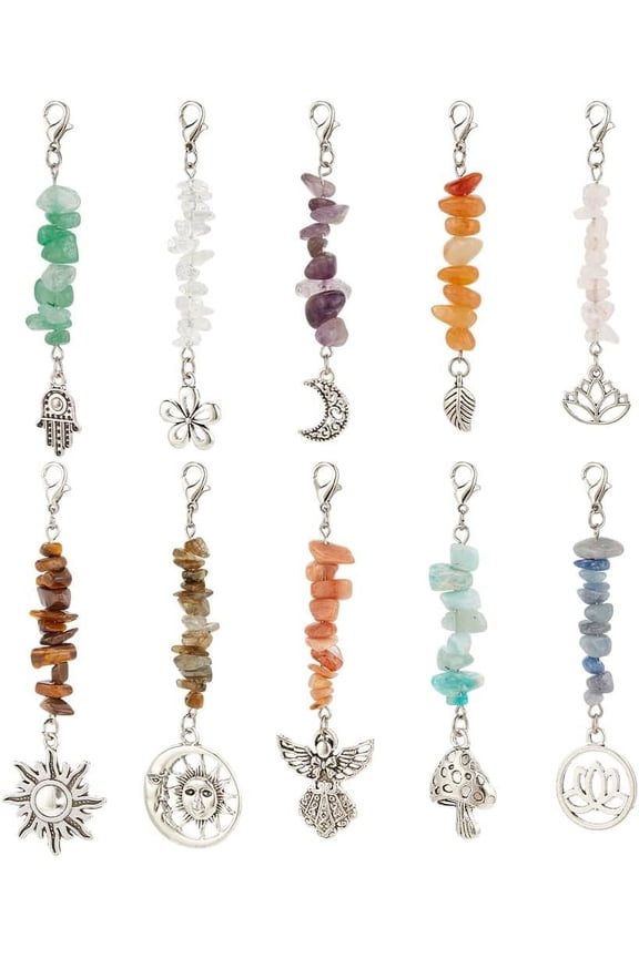 10Pcs Crystal Keychain Charms Natural Chip Gemstone Pendant Sun Moon Leaf Flower Gemstone Keychain Bead Pendant Decorations for Jewelry Keychain Making DIY Craft Gift 1 Set